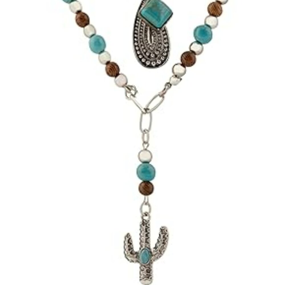 Boho Retro Style Multi Layer Necklace Green Crystal Sun & Floral Pendant‎ Cactus